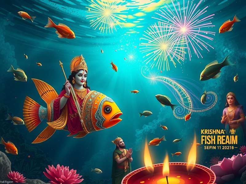 Krishna Fish Realm Diwali celebration with fireworks