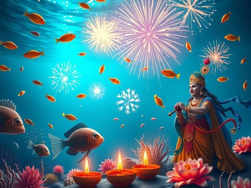 Krishna Fish Realm colorful underwater scene with Hindu deities